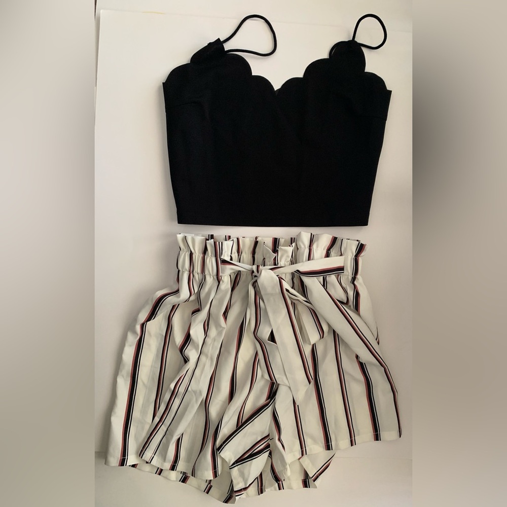 SHEIN Scallop Trim Cami Top w/ Waisted Belted Striped Shorts Set Size 0XL